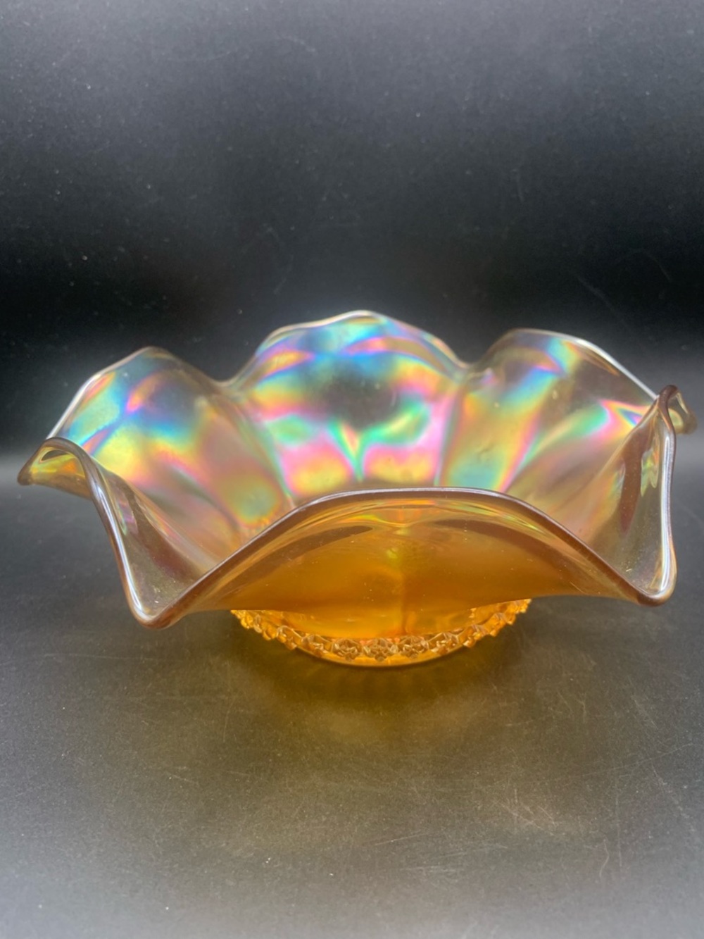 Vintage Carnival Glass Bowl Stretch Marigold Iridescent Ruffled Bowl Candy